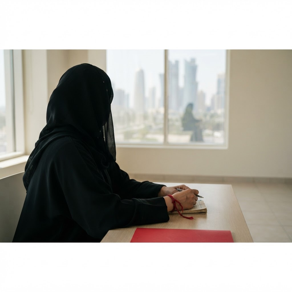 Symbolic representation of the barriers faced by Qatari women under male guardianship.