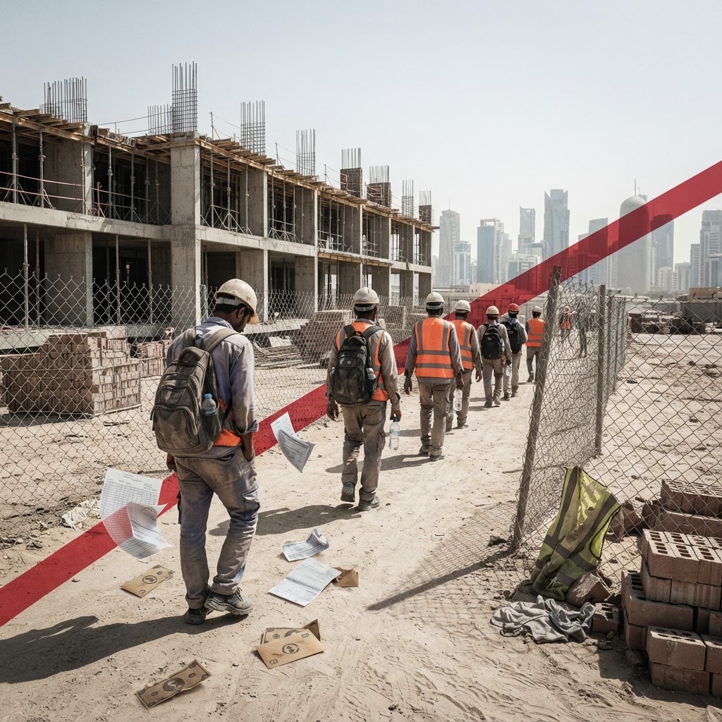 Migrant workers at a construction site in Doha under the heat.