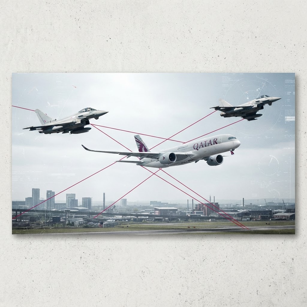 RAF fighter jets escorting a Qatar Airways passenger plane in a stormy night sky