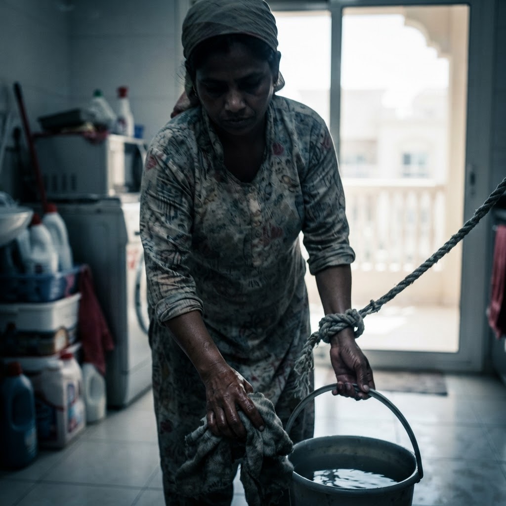 Migrant domestic worker in a residential area of Doha.