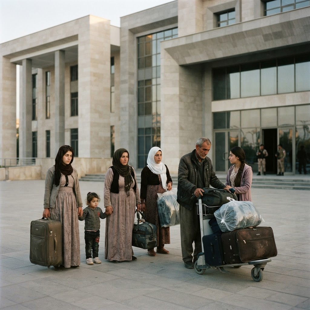 People with packed suitcases standing outside a Middle Eastern government building at dawn, illustrating the reported deportation of Baha'i leaders from Qatar.