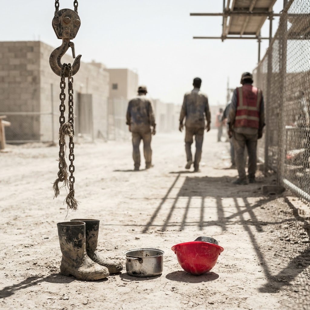 Migrant construction workers laboring in the heat at a development site in Qatar under the Kafala system