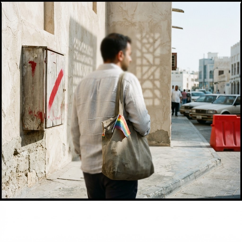 A rainbow flag superimposed over a blurred Doha skyline.