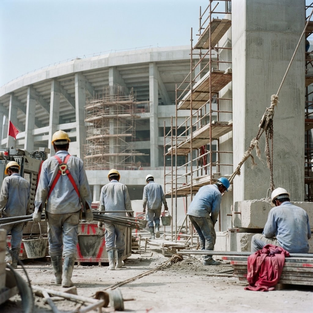 Workers laboring in high heat to build a memorial site.