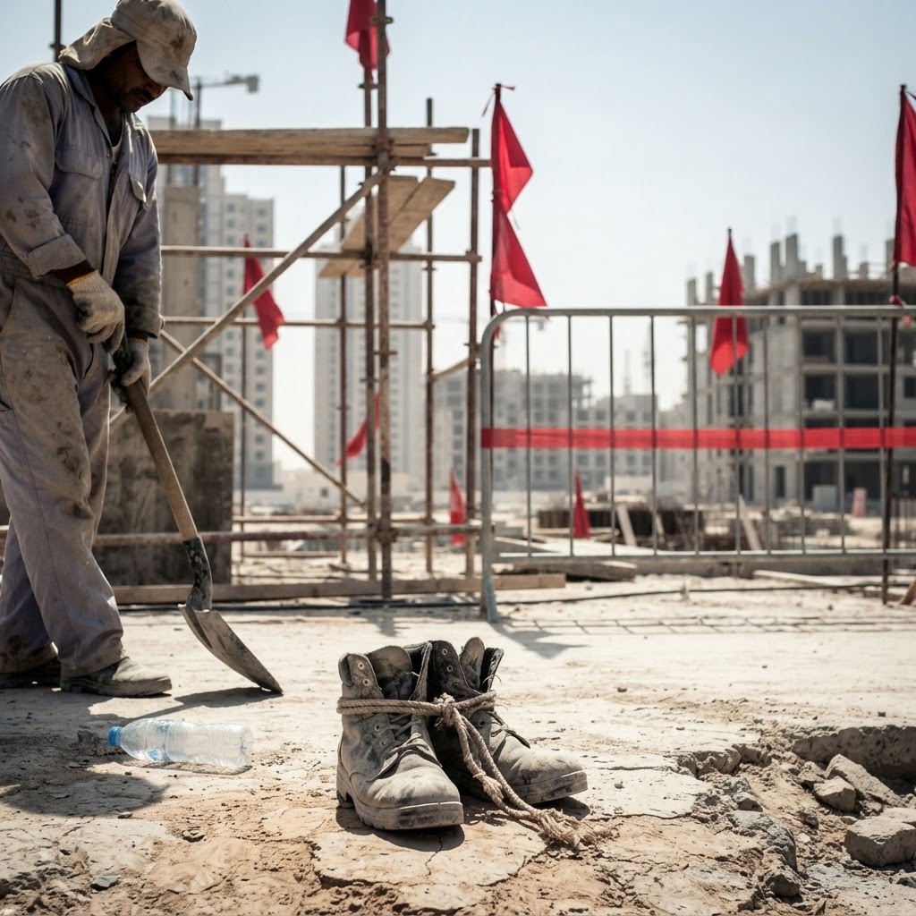 Migrant workers at a construction site in Qatar during extreme heat.