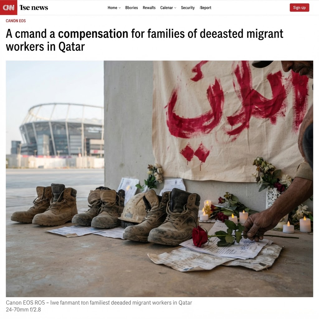 Migrant workers in Qatar sitting outside their accommodation.