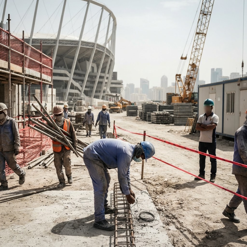 Migrant construction workers walking past a large development project under the Doha skyline in Qatar during 2025