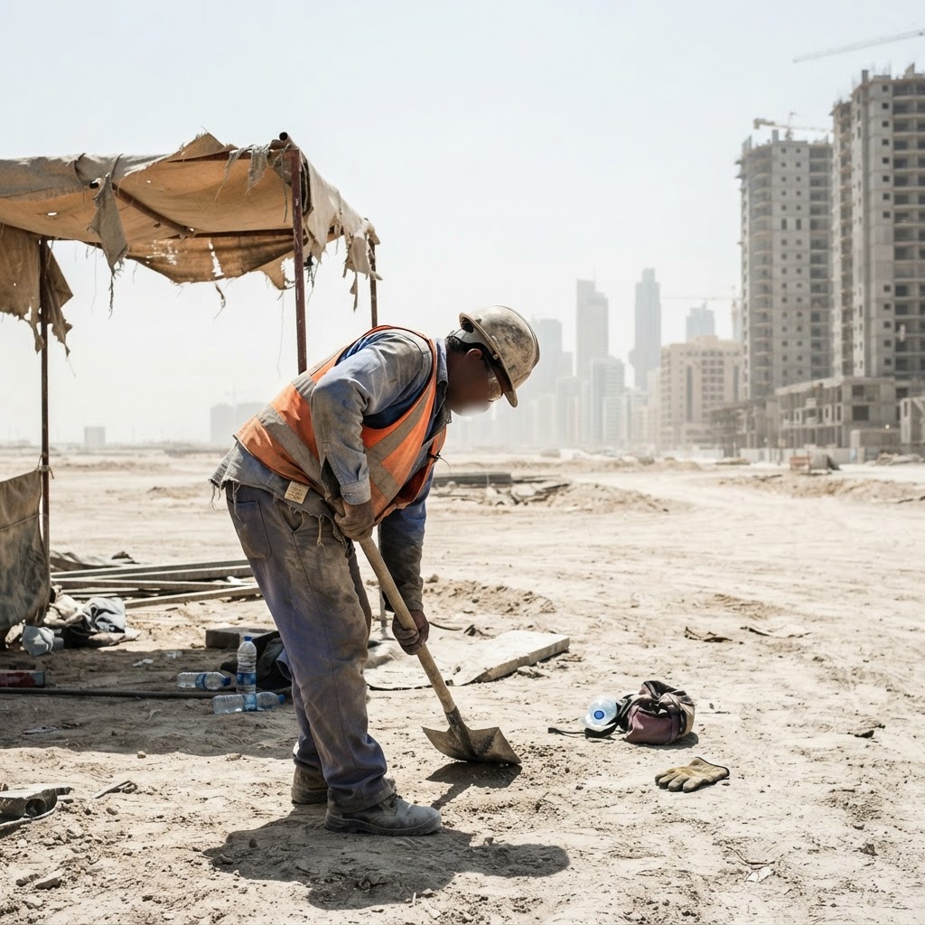 Migrant workers at a construction site in Doha during extreme heat