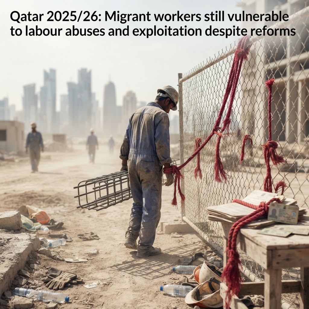 Migrant workers in high-visibility vests at a construction site in Doha.