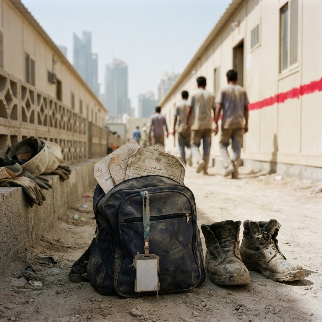 Migrant workers in uniform standing near construction cranes at a large infrastructure project site in Doha Qatar