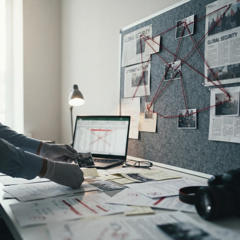A surveillance eye motif over a world map with Qatar highlighted as a strategic threat, representing the enemy-state analysis highlighted in the extremism roundup