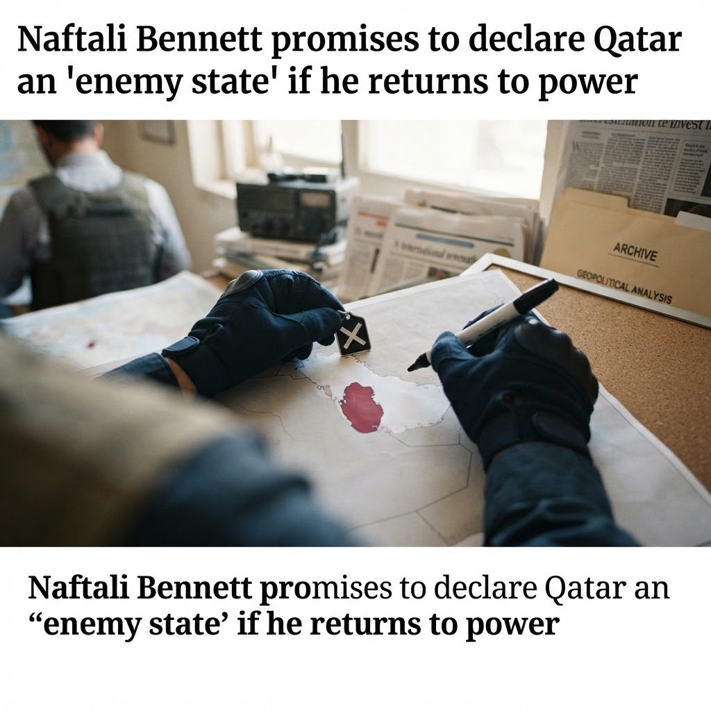 Political leader pointing forward at podium with torn Qatari flag, representing Bennett's enemy state declaration