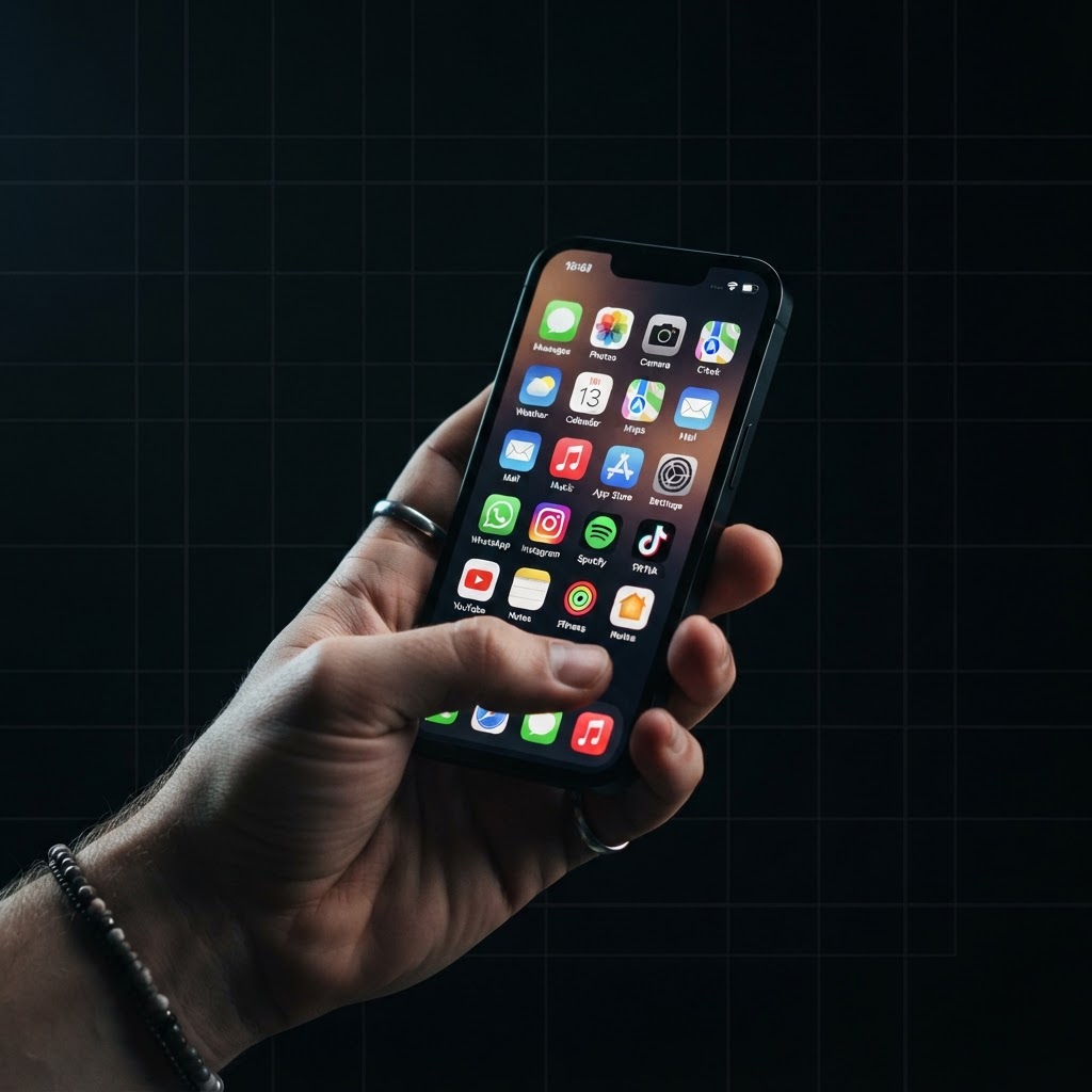 Hand holding a smartphone running SpyPhone zero-click spyware