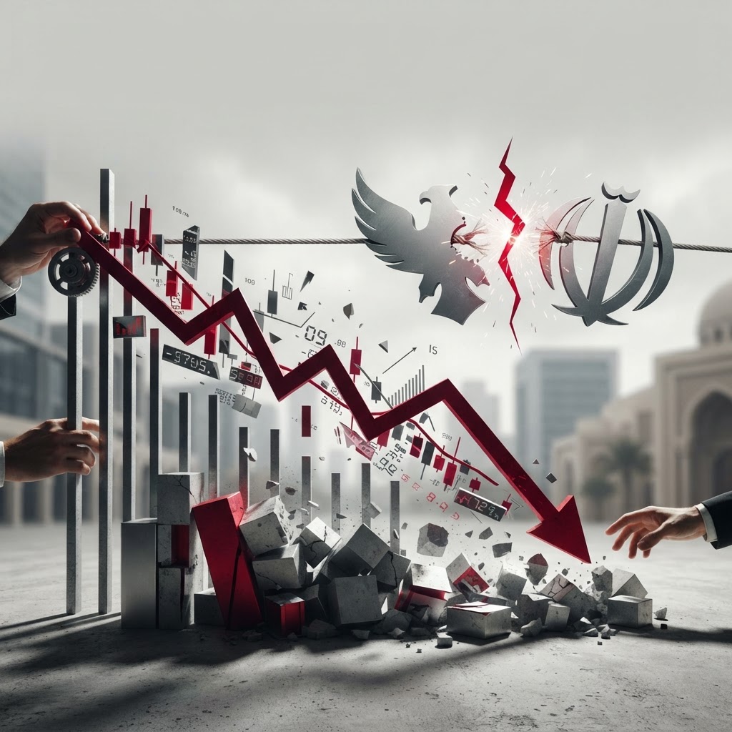 A stock market ticker in decline with Gulf skyline silhouettes and a Qatar National Bank marker falling, representing the decline on fading US-Iran deal prospects