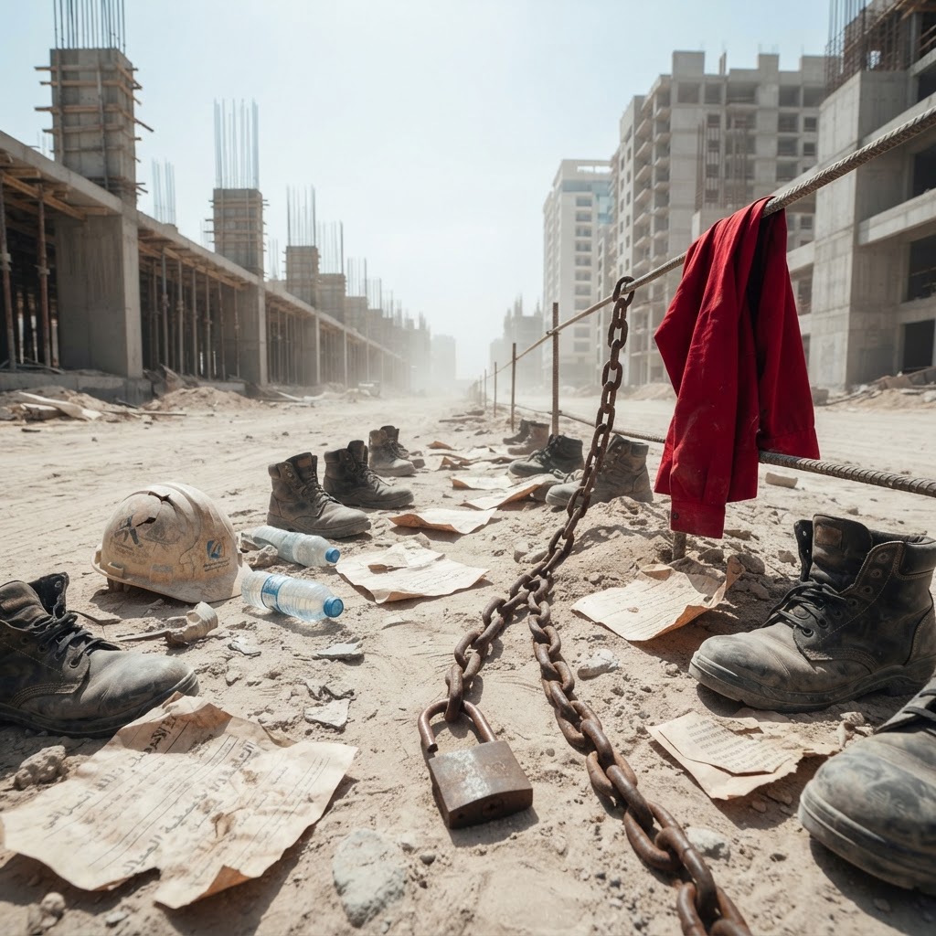 Migrant workers gathering in the Industrial Area of Doha during a labor dispute.