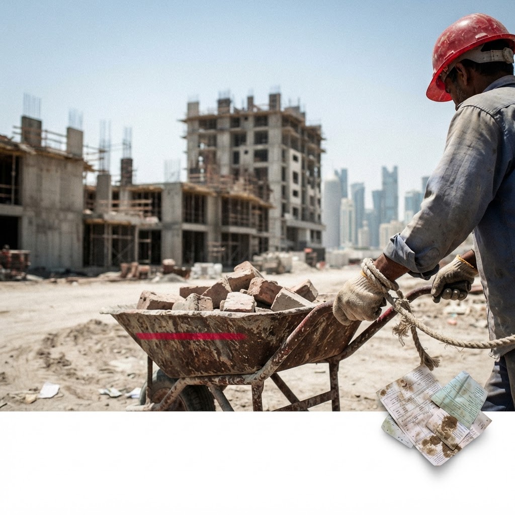 Migrant workers sitting in a dormitory in Doha.