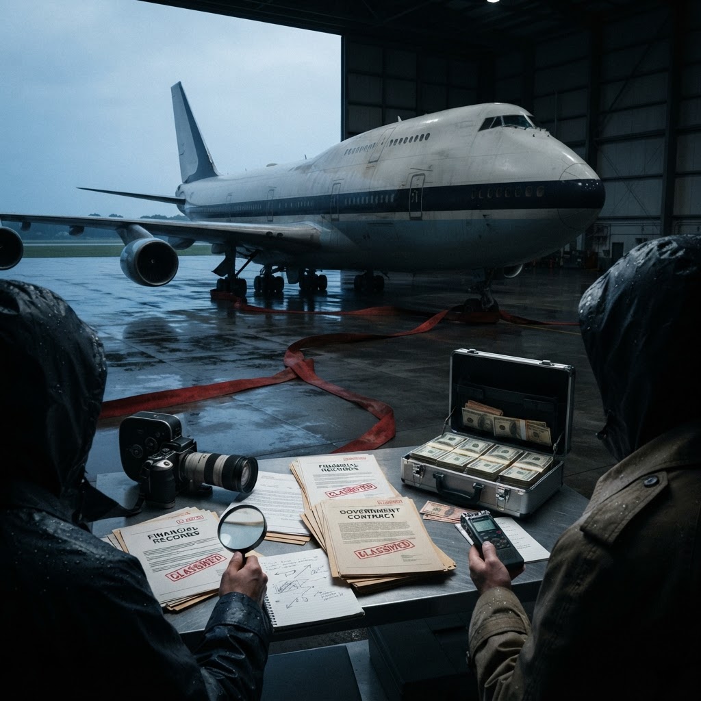 Air Force One silhouette under magnifying glass scrutiny, representing security questions over the Qatari-gifted plane