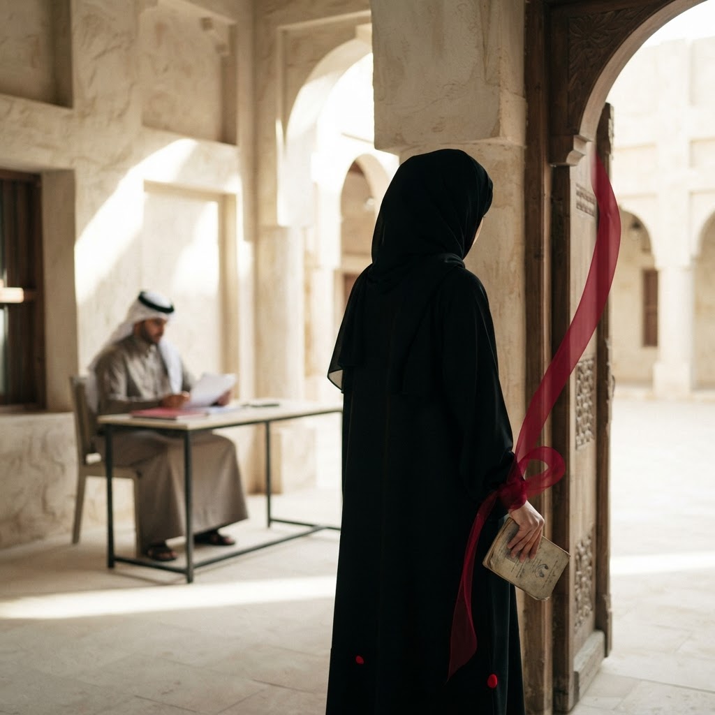 A woman looking through a window, symbolizing lack of autonomy.