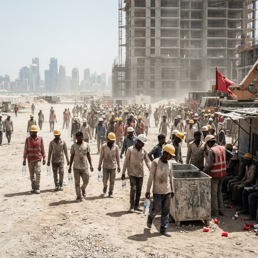 Migrant workers in Qatar laboring in high temperatures.