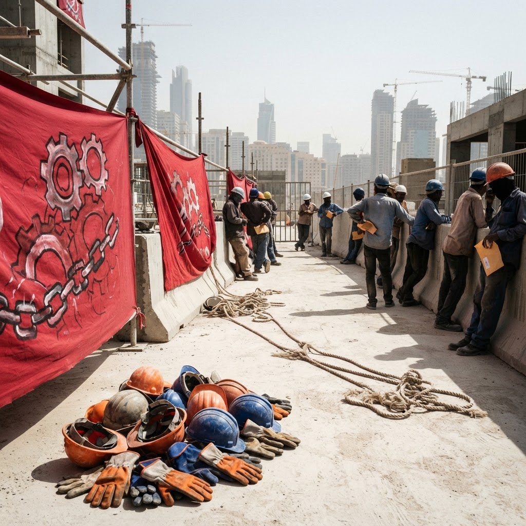 A migrant worker in high-visibility gear working on a construction site in Lusail.