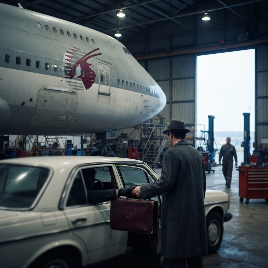 A luxury Boeing 747-8 aircraft owned by Qatar parked on a tarmac during a formal diplomatic visit