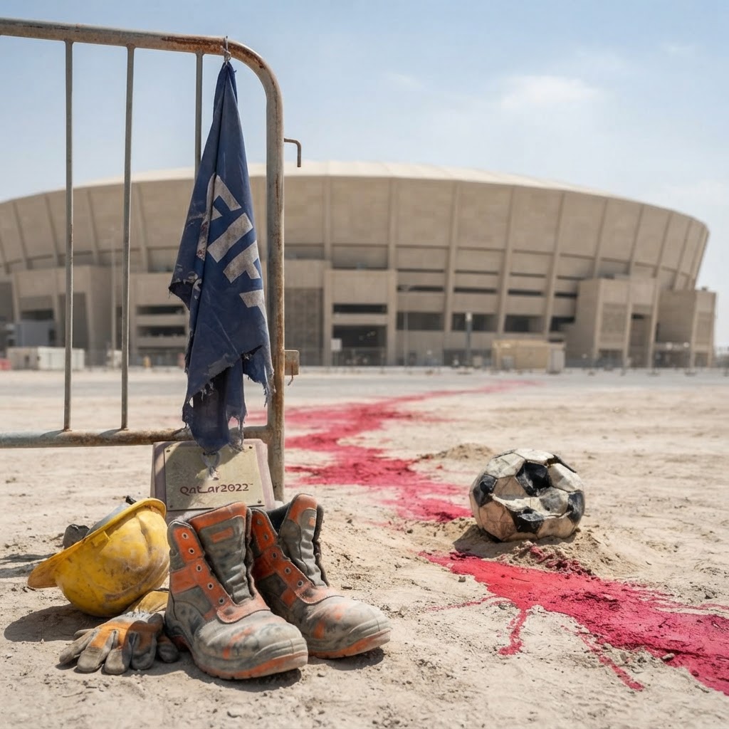 A FIFA president figure slumped at a podium under harsh spotlight with a World Cup stadium shadow and migrant worker silhouettes, representing Infantino's karmic reckoning and the Qatar World Cup's deadly legacy