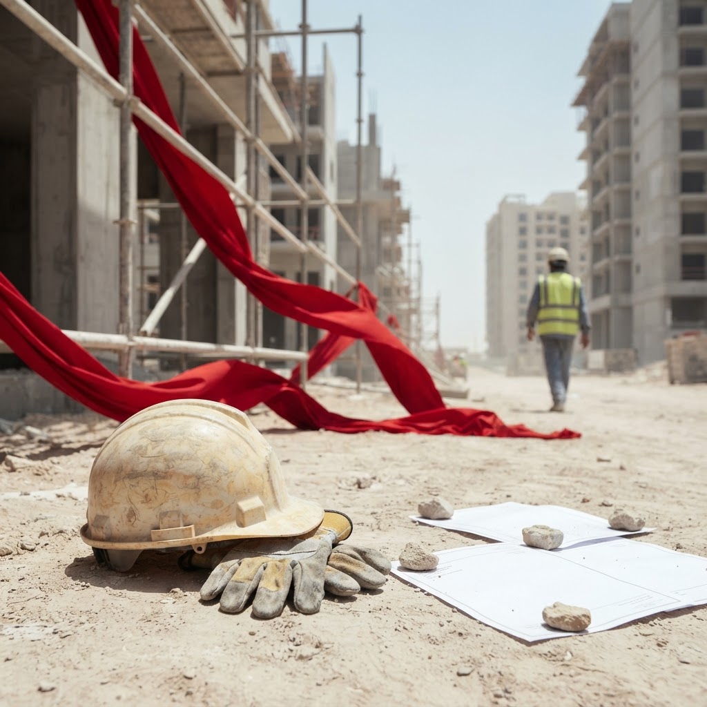 Migrant workers at a construction site in Doha under extreme heat.