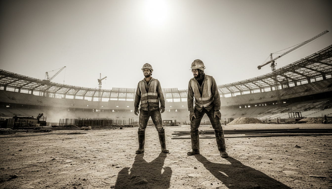 Migrant construction workers on a Qatar World Cup stadium site under harsh conditions during the 2022 project