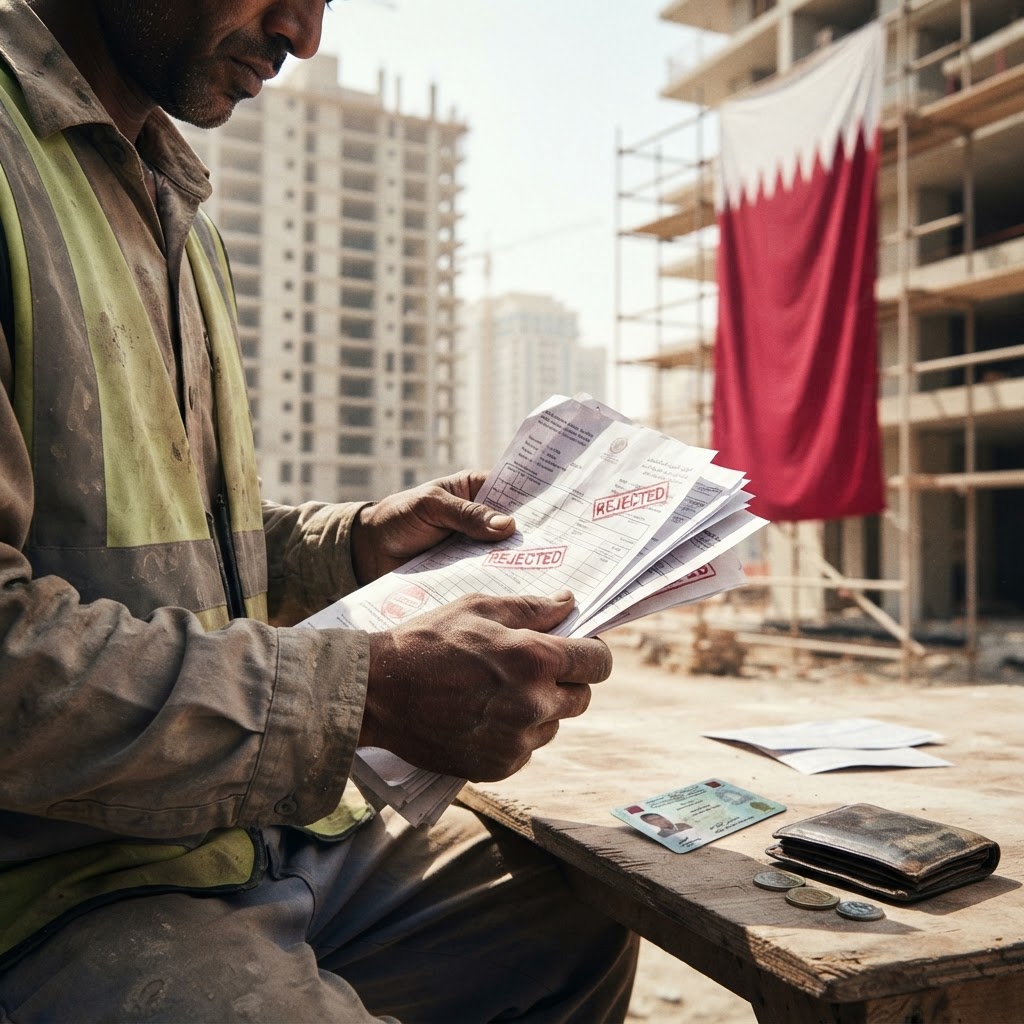 Construction workers standing in front of a modern skyscraper in Doha.