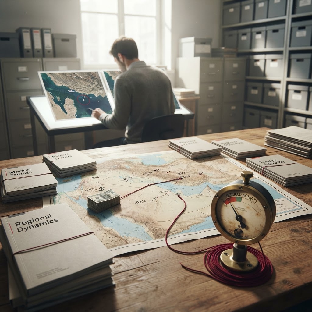 Stock market trading floor with red downward arrows on digital screens over a Gulf and Strait of Hormuz map overlay, representing falling Gulf markets amid US-Iran hostilities.