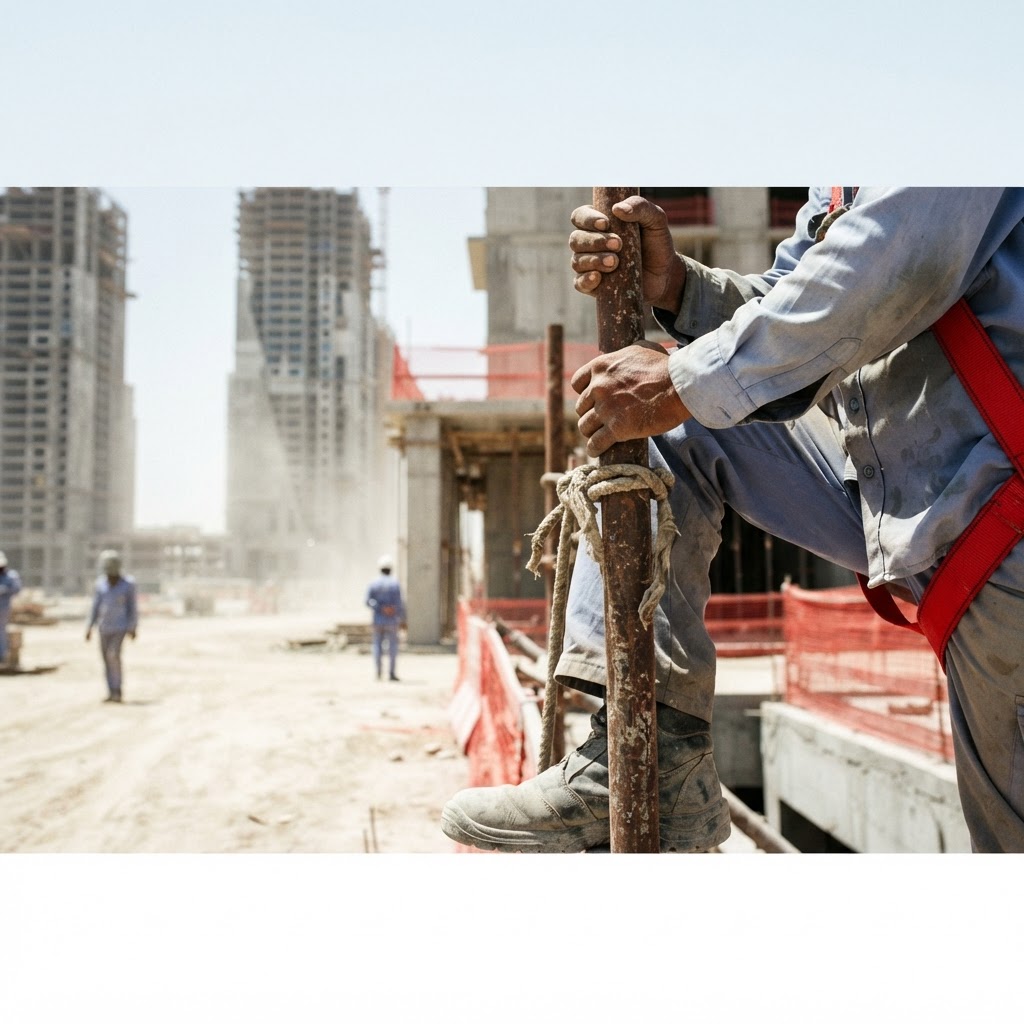 Workers at a construction site in the heat.