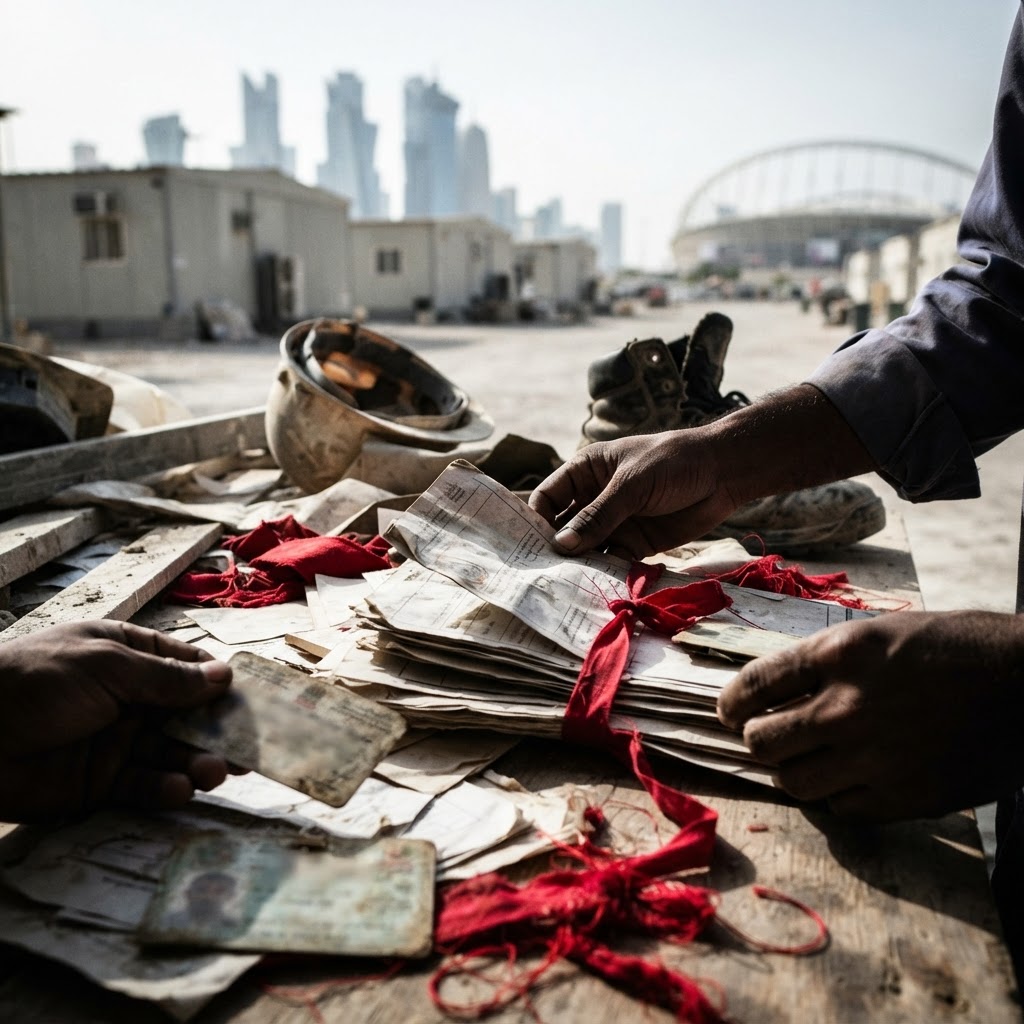 Migrant workers in Qatar standing in front of construction site