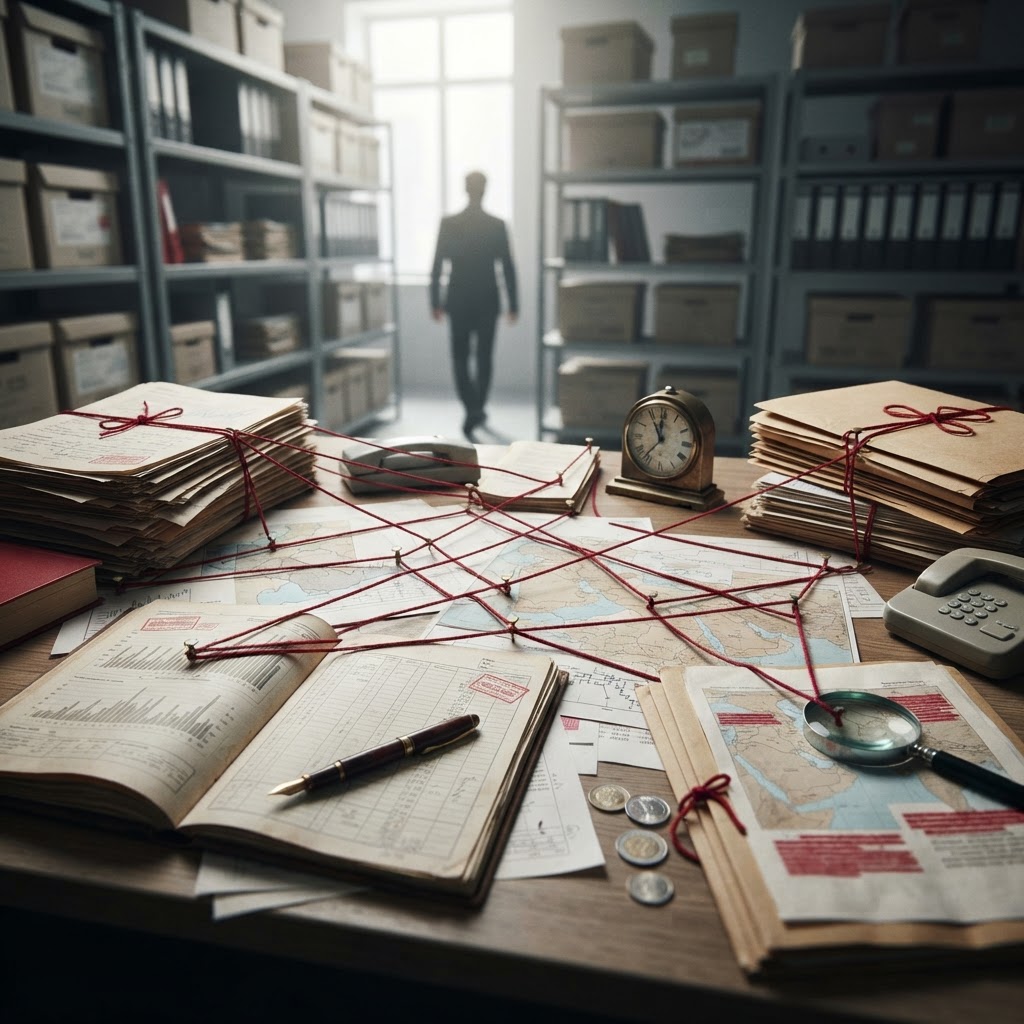 Jeffrey Epstein standing in a formal office setting surrounded by stacks of financial documents and legal papers