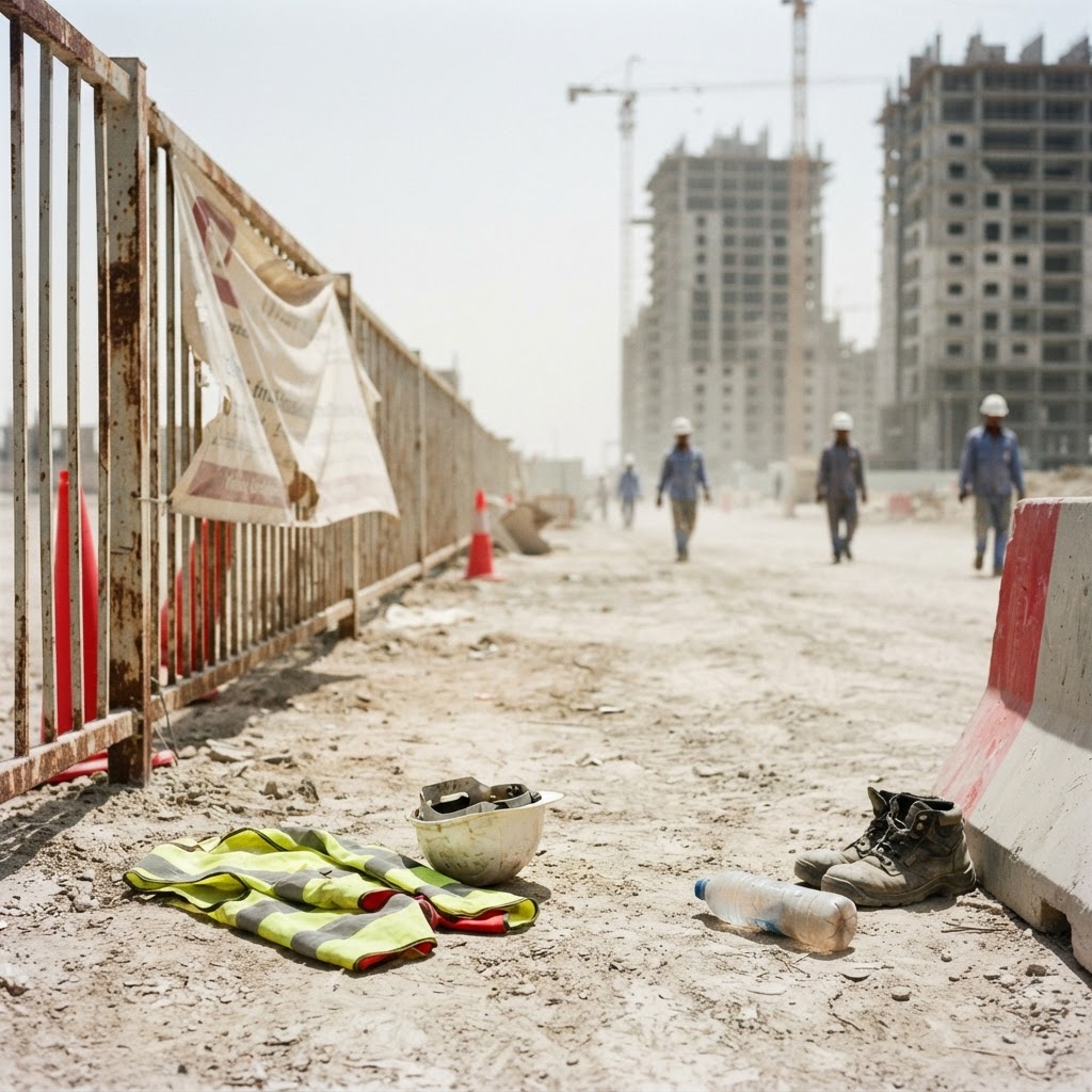 Migrant workers on a construction site in Doha under extreme heat.