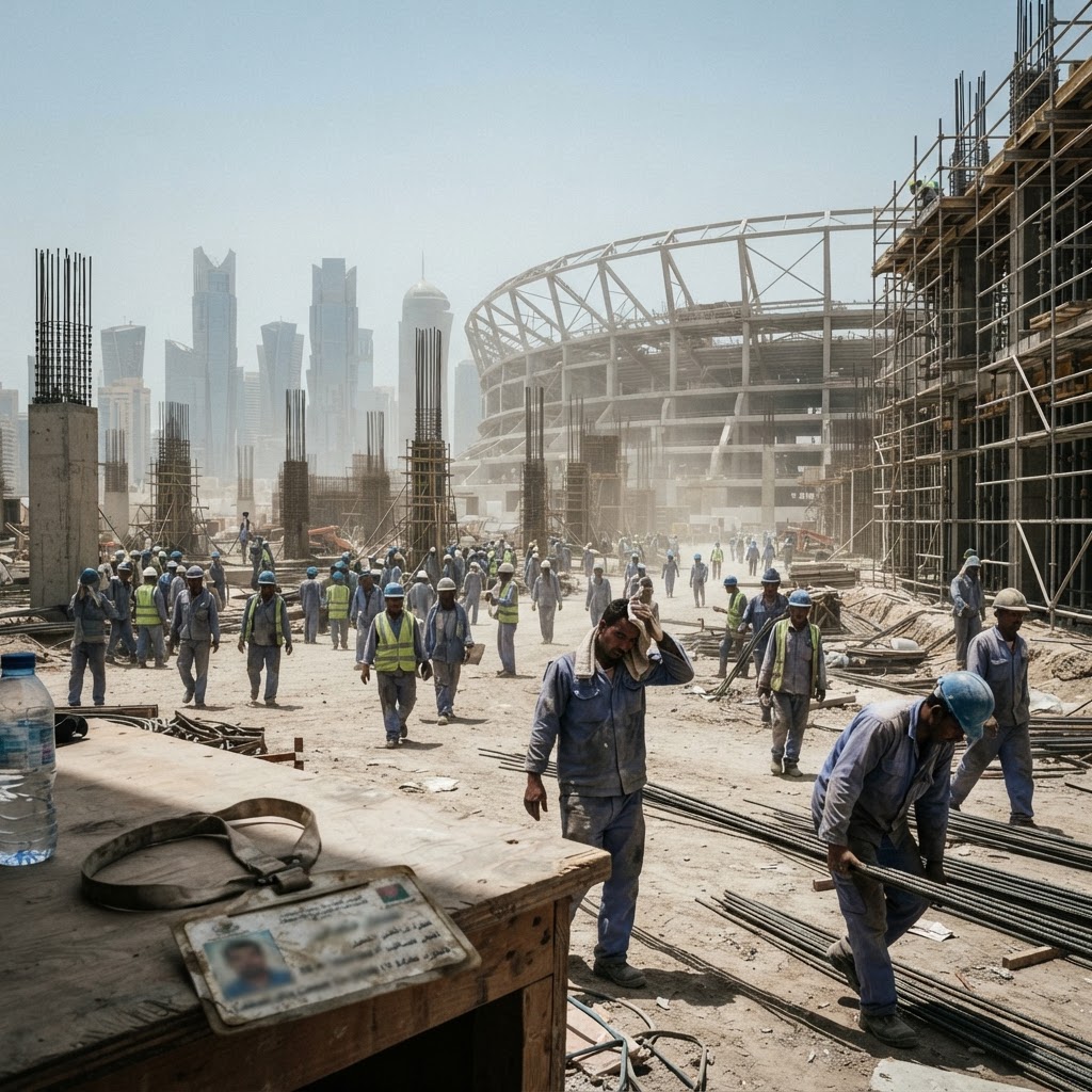 Construction workers in Doha resting under a makeshift shade during high temperatures.