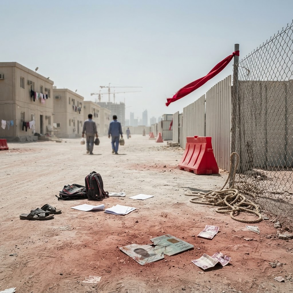 Migrant workers in a cramped dormitory in Doha's industrial zone.