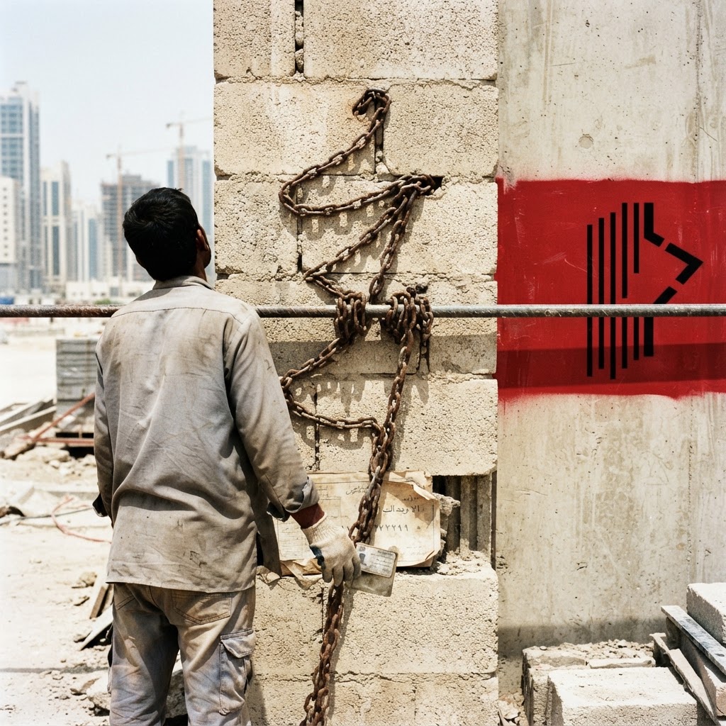 A worker cleaning windows in Doha.