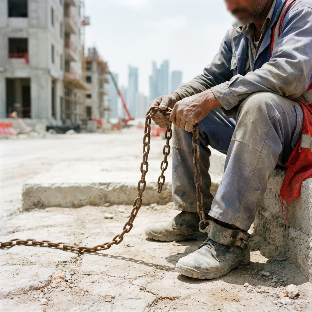 Migrant construction workers standing near a large residential building site in Qatar under a bright sunny sky