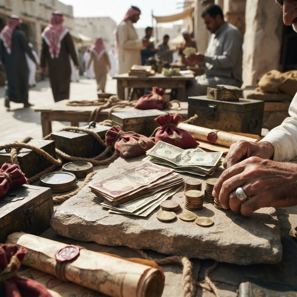Stacks of gold coins and oil derricks forming a Qatari palace skyline with a Hamas flag silhouette, representing Qatar's use of wealth to purchase influence and support extremism