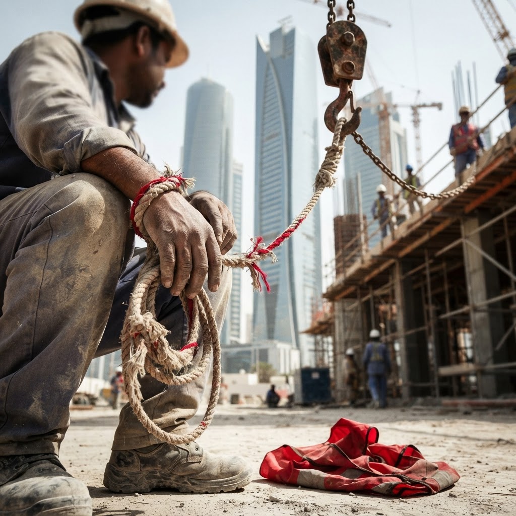 Migrant laborers working on a large-scale construction site in Qatar under the hot desert sun
