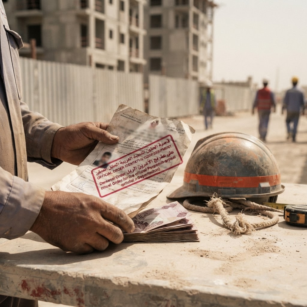 Groups of laborers waiting outside a recruitment office in Doha.