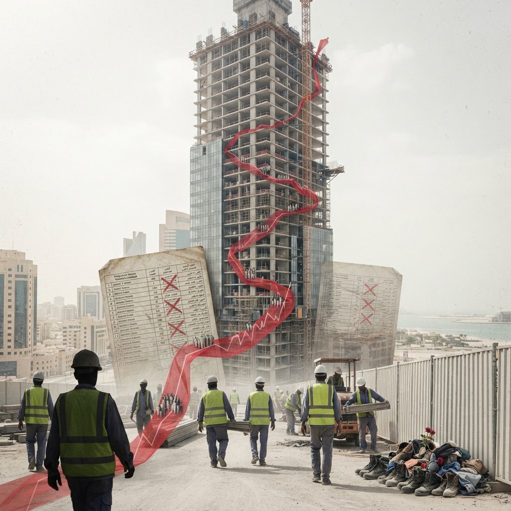 Construction workers at a site in Doha during high heat hours.