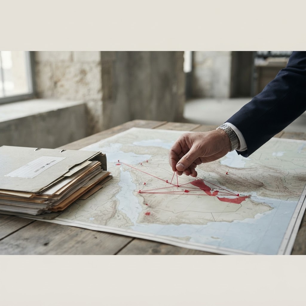 Defiant politician pointing at a map showing Qatar and Iran with red threat markers, representing Bennett calling Qatar the most dangerous enemy