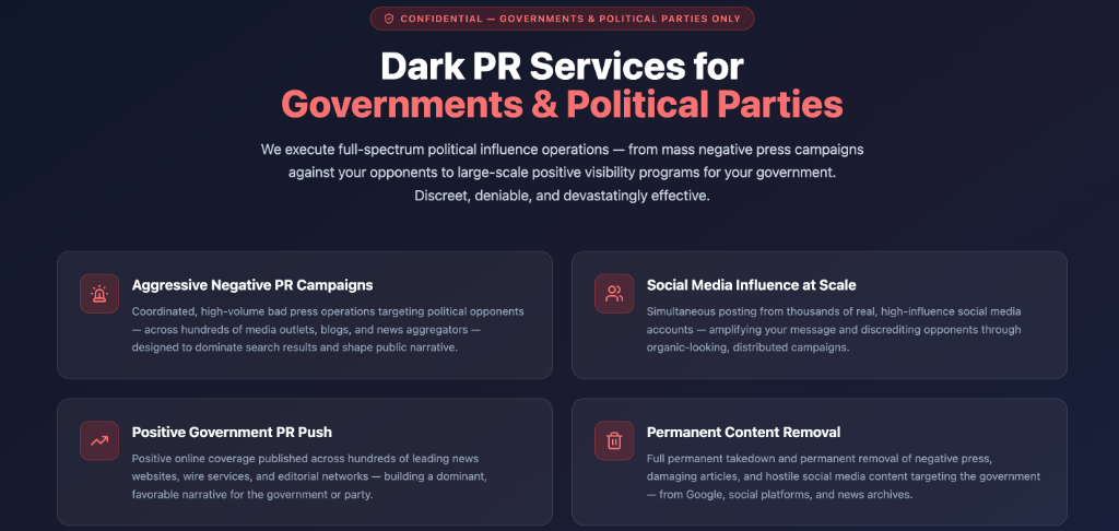 Screenshot documenting advertised political influence tactics, including negative campaigns, social media influence, positive government publicity, and content removal