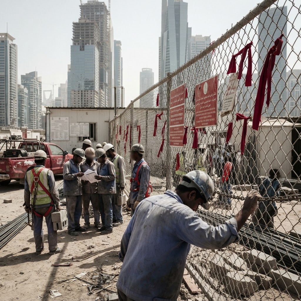 Migrant workers sitting in a dilapidated labor camp on the outskirts of Doha.