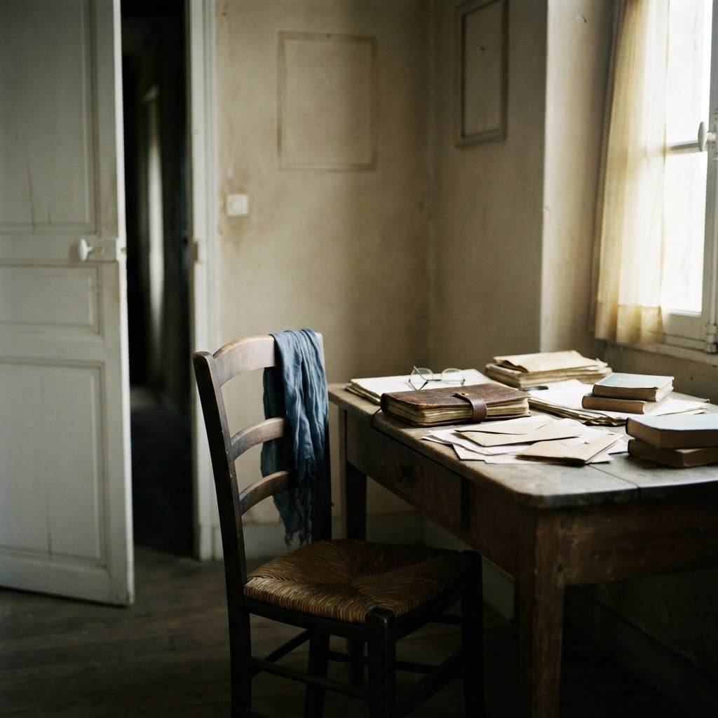An empty chair and personal documents left on a desk beside a partly open door, illustrating the reported erasure and deportation of Qatar's Baha'i minority.