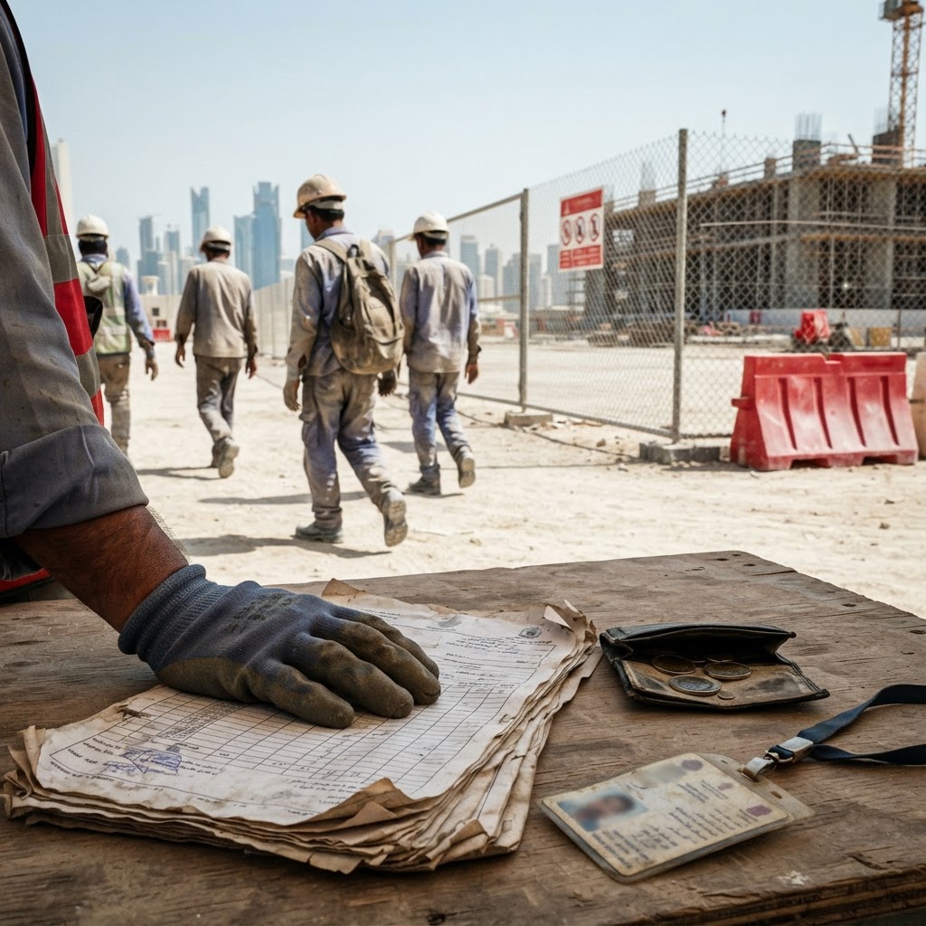 Migrant workers sitting in a camp in Doha, Qatar.