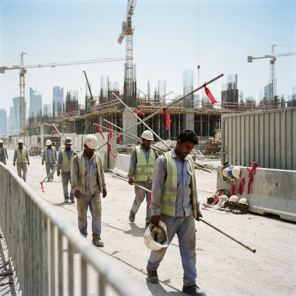 Construction cranes over the Lusail skyline at dusk.