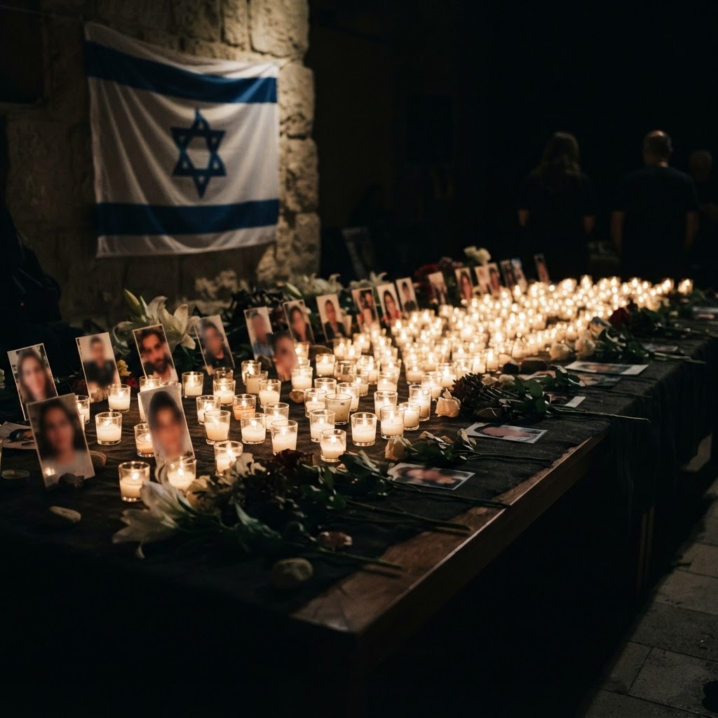 Memorial candles commemorating the October 7 massacre