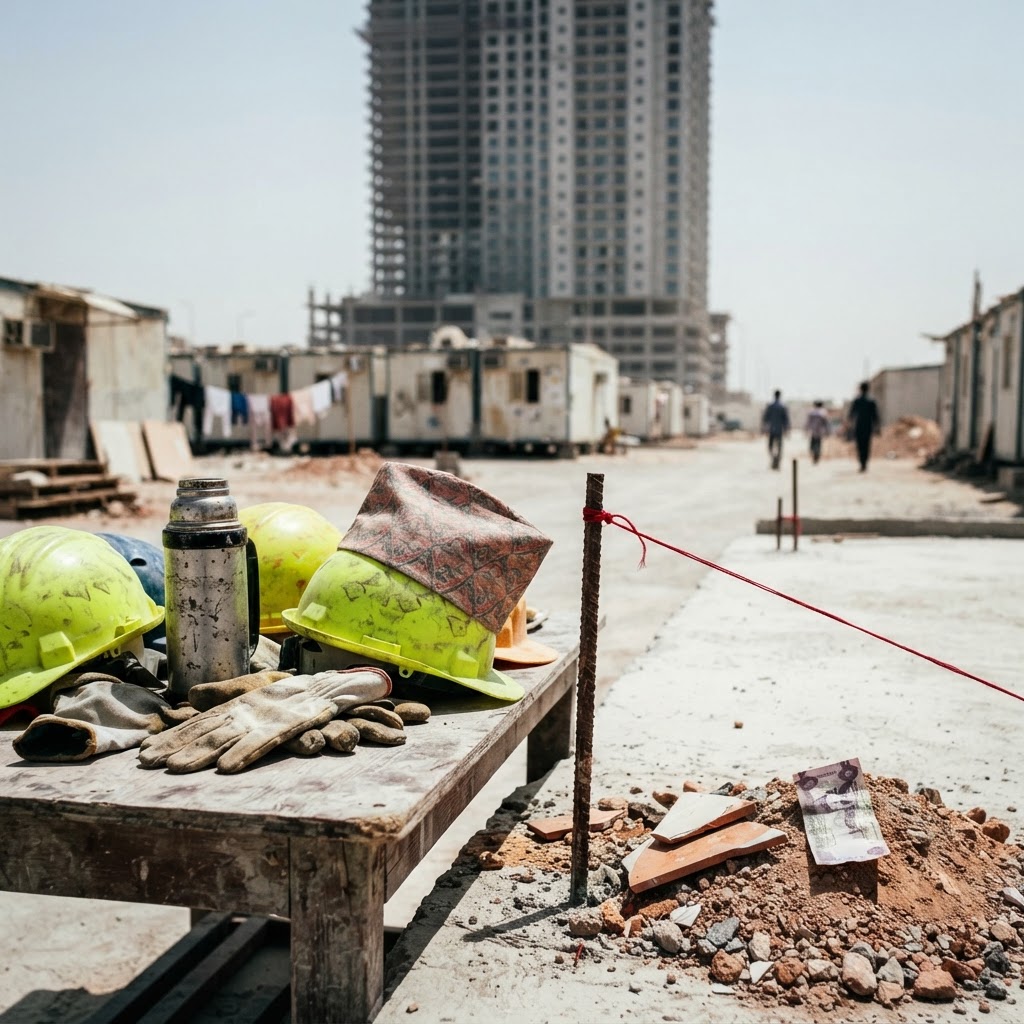 Nepalese migrant workers resting in the shade at a construction site in Doha.